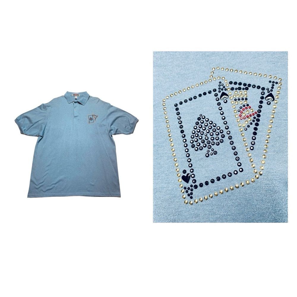 Vintage Jerzees Poker Cards Polo Shirt Studded Embellished Blue Sz XL